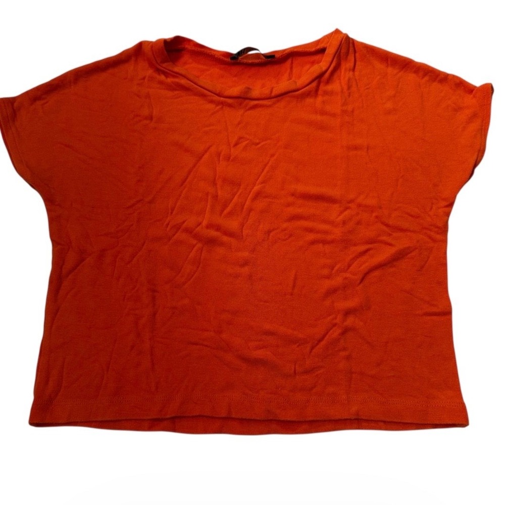 Zara Womens Medium Orange Short Sleeve Boxy Knit Crop Top Crew Neck Basic | 0154